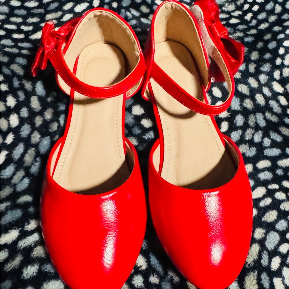 Red Ankle Strap Flats with Bow